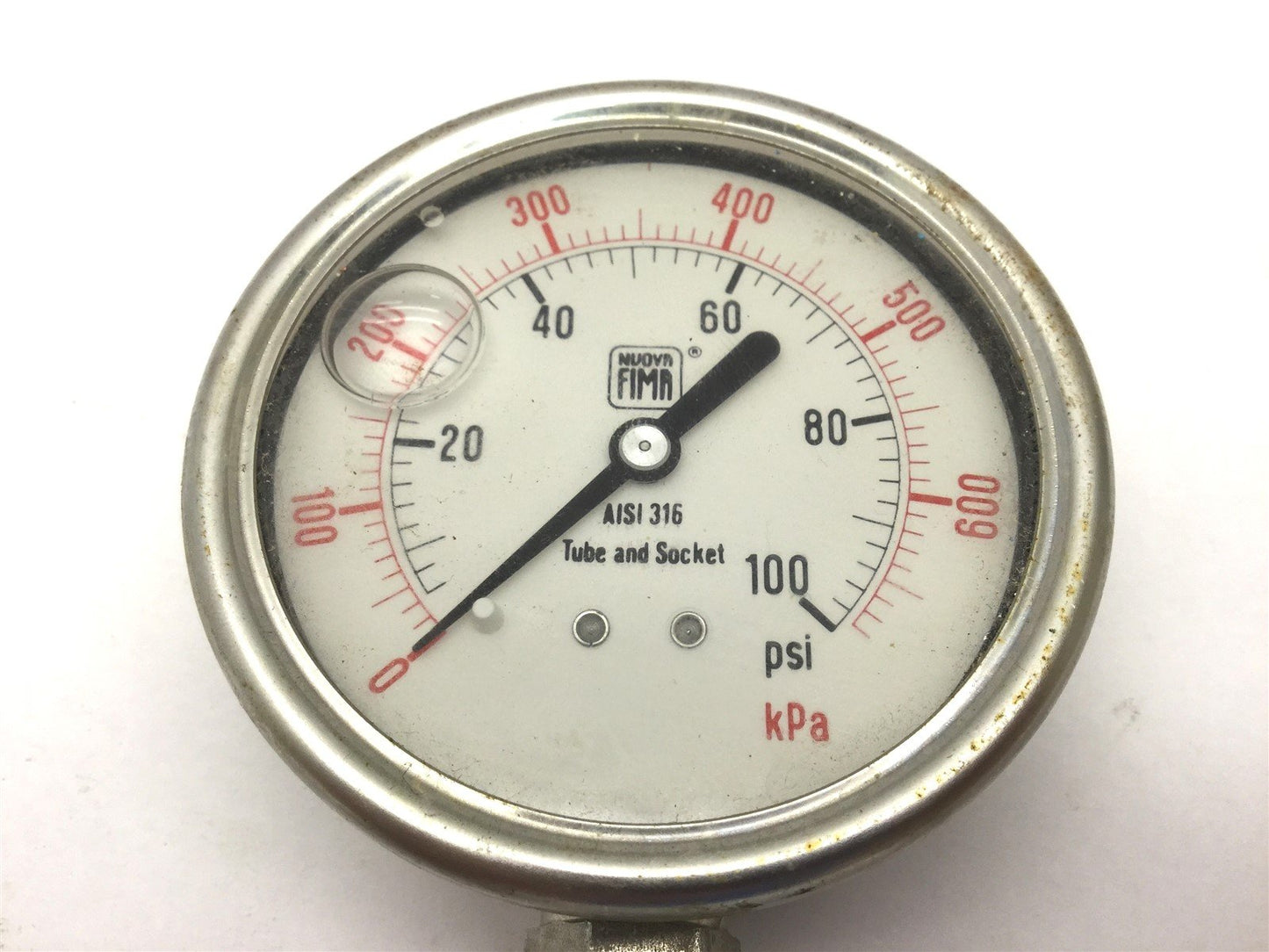 Used Nuova Fima Tube and Socket Pressure Gauge, Range: 0-100 PSI, AISI 316SS