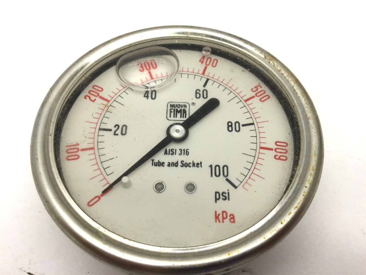 Used Nuova Fima Tube and Socket Pressure Gauge, Range: 0-100 PSI, AISI 316SS