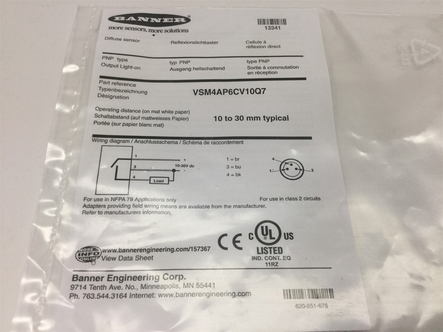 New Banner VSM4AP6CV10Q7 Diffuse Sensor, Range: 10mm, Supply: 10-30VDC, PNP