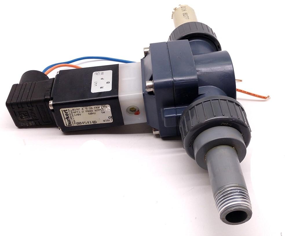 Used Burkert 0142 00454146 Solenoid Valve, 120V, 60Hz, 5W, Pmax 87 PSI w/Flying Leads