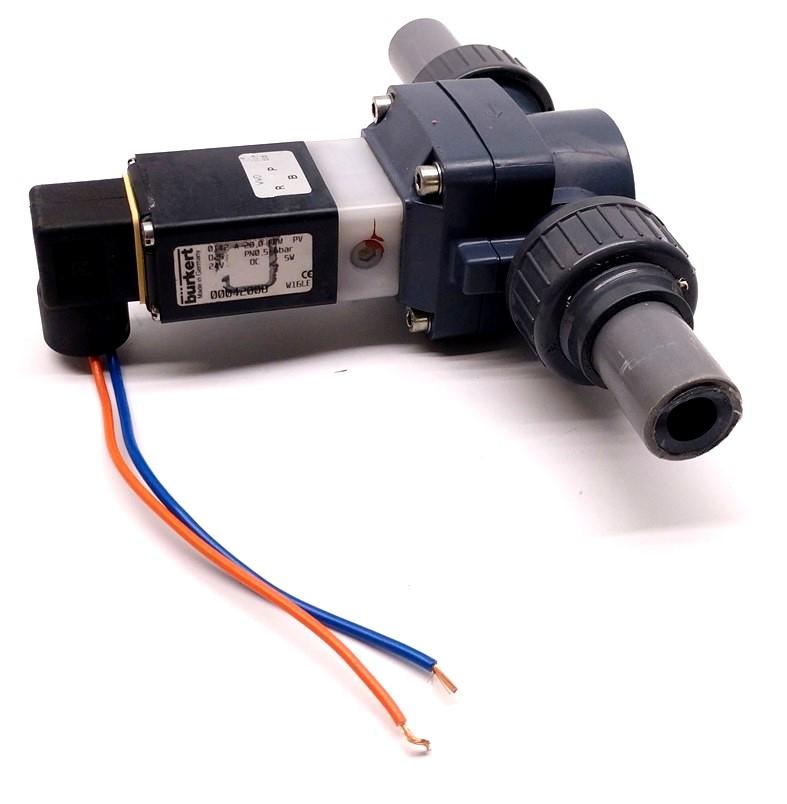 Used Burkert 0142 00042008 Solenoid Valve, 24VDC, 5W, 72.52-87.02 PSI w/ Flying Leads