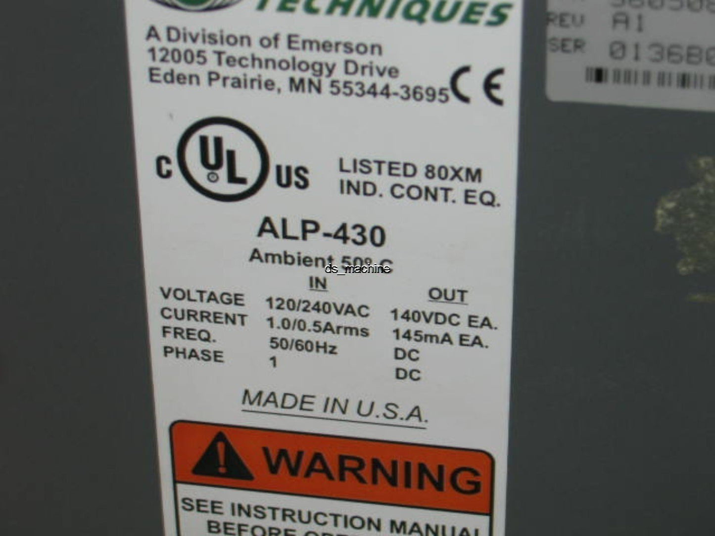 Used Emerson ALP-430 Power Supply 120/230VAC to 140VDC 145mA DC Motor Drive