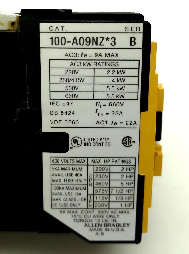 New Allen Bradley 100-A09NZ123 Magnetic Contactor, 3-Pole, 12VDC Coil, 600VAC 9A