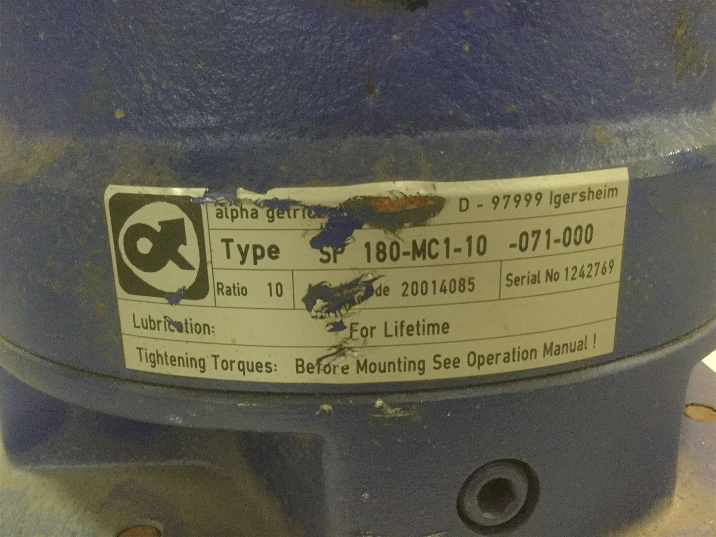 Used Alpha Getriebebau SP 180-MC1-10-071-000 Planetary Gear Head Speed Reducer 10:1