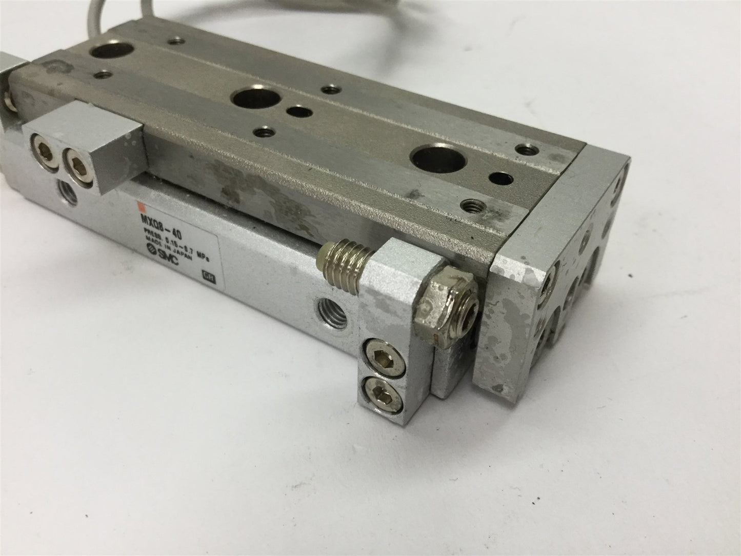 Used SMC MXQ8-40 Pneumatic Slide Table, Stroke: 40mm, Bore: 8mm, W/ 2x D-M9P Sensors