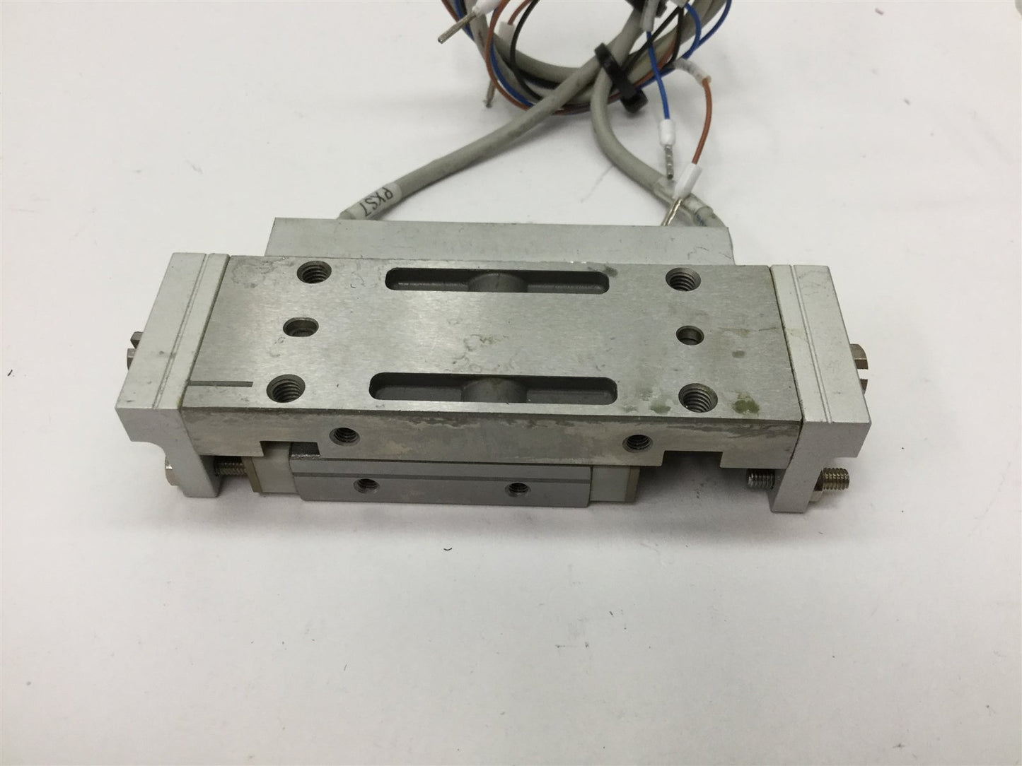 Used SMC MXP10-20 Pneumatic Slide Table, Stroke: 20mm, Bore: 10mm, 2x D-M9P Sensors