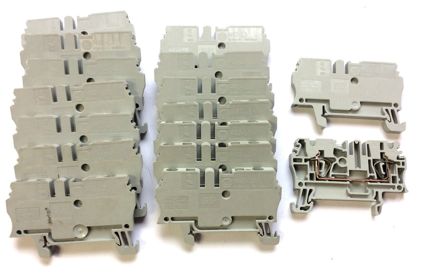 Used Lot of 43 Allen Bradley 1492-L3 Spring Clamp Terminal Blocks 600V 25A 30-12 AWG