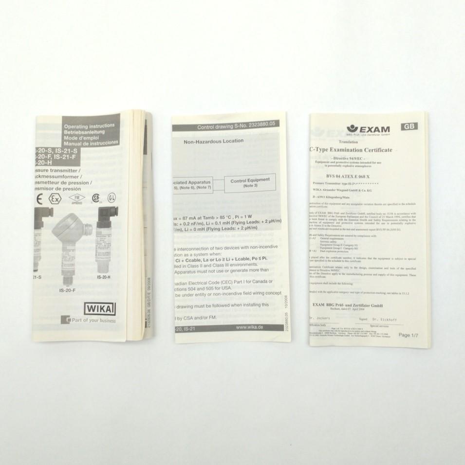 Used WIKA IS-20-S-SBH-GD-AZKAXZ9Z1-ZZZ Pressure Transmitter, 0-87PSI, 10-30VDC