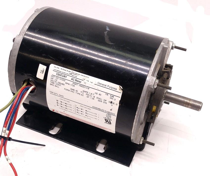 Used Century HM2G7018 AC Motor, Voltage: 230-460VAC, Power: 1/4 HP, Shaft: 1/2"