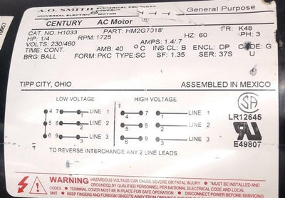 Used Century HM2G7018 AC Motor, Voltage: 230-460VAC, Power: 1/4 HP, Shaft: 1/2"