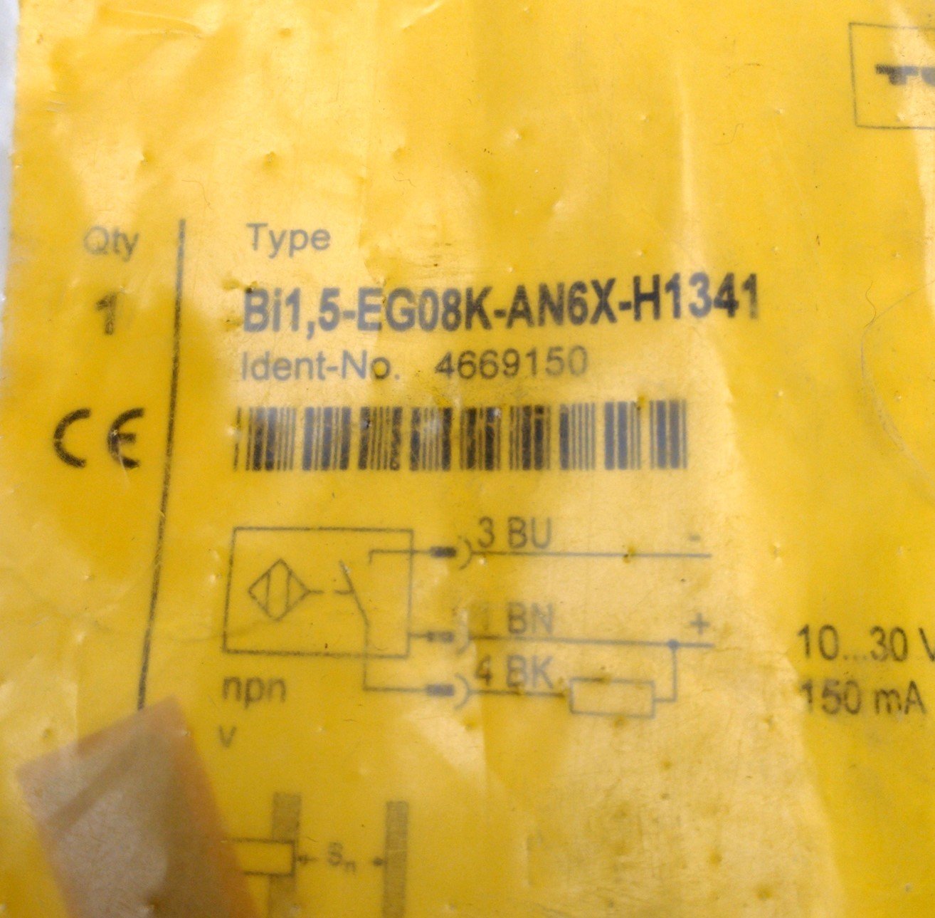 Used Turck Bi1,5-EG08K-AN6X-H1341 Inductive Proximity Sensor, NPN-NO, 10-30VDC 150mA