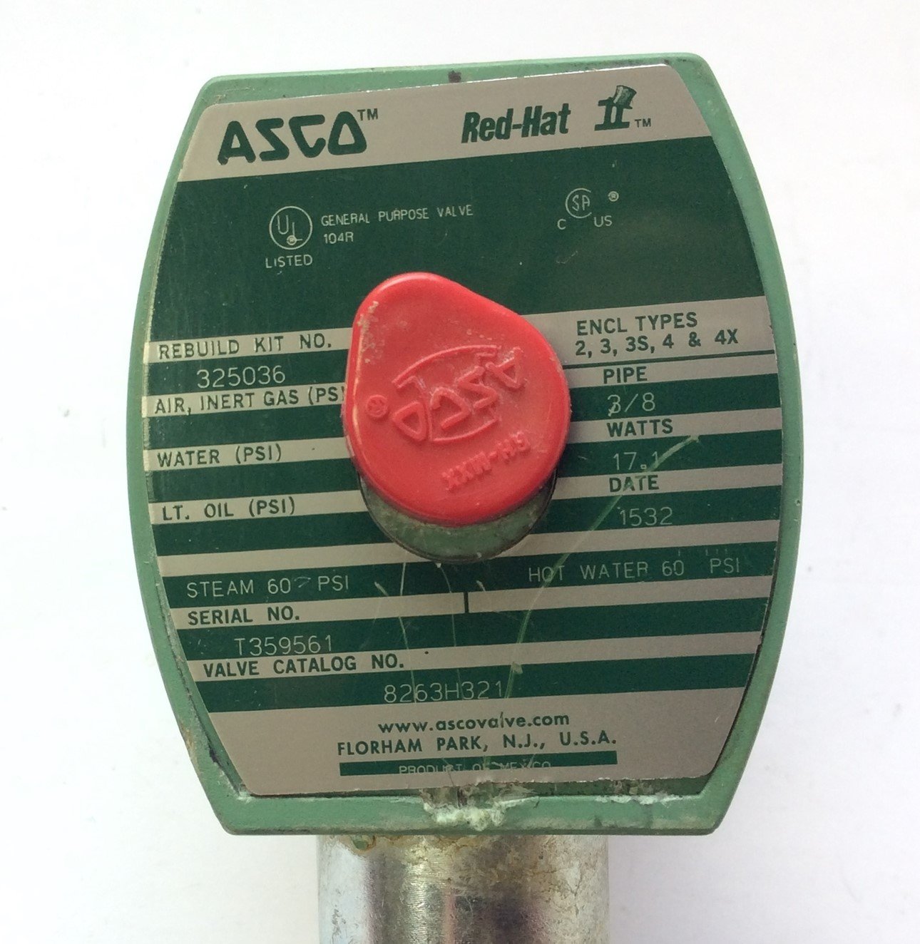 Used Asco 8263H321 Solenoid Valve Voltage 220/240V 3/8 NPT Stainless Steel NC 60 PSI