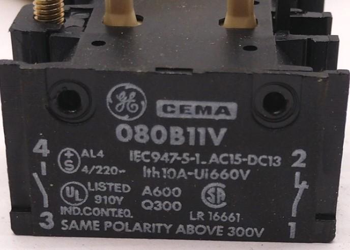 New General Electric 080B11V CEMA Contact Block Screw Terminal, 1NO-1NC, 10A, 660VAC