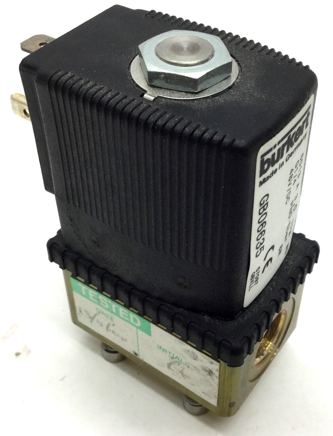 Used Burkert 6013 PN0-6BAR Solenoid Valve Fluid/Gas, Voltage: 48VDC, Ports: 1/4" NPT