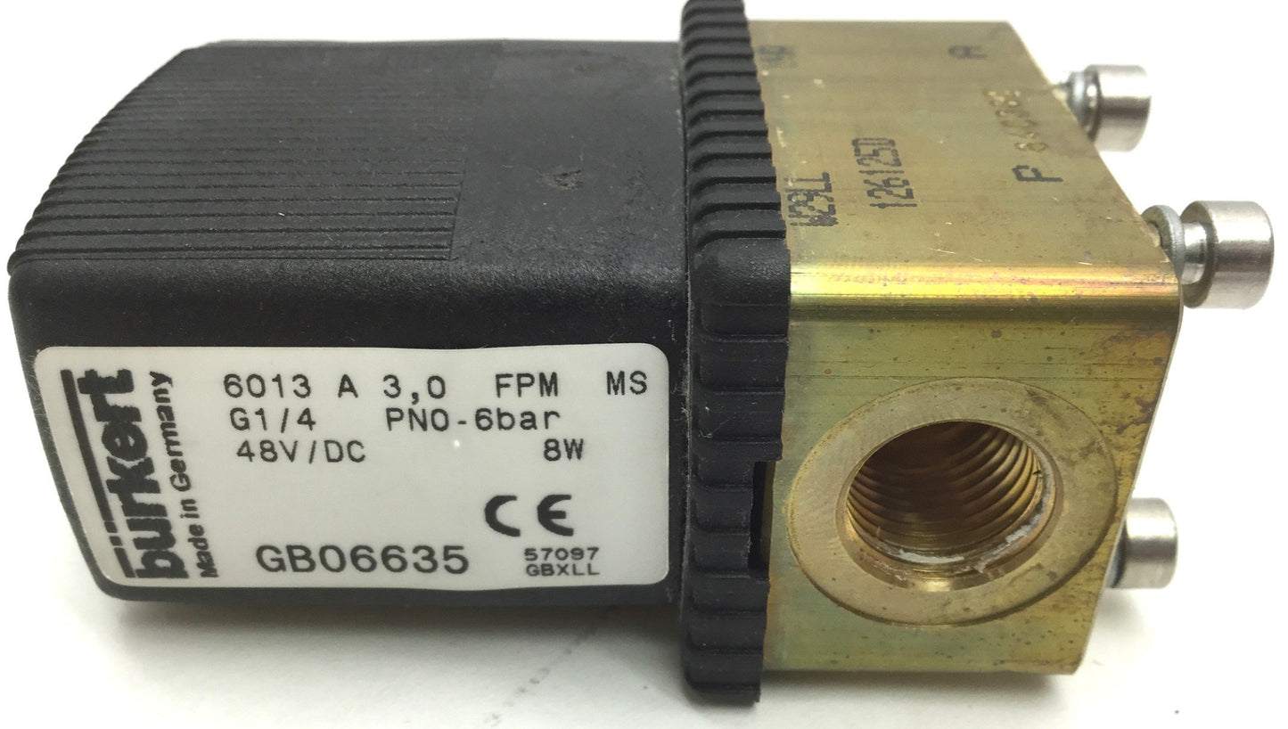 Used Burkert 6013 PN0-6BAR Solenoid Valve Fluid/Gas, Voltage: 48VDC, Ports: 1/4" NPT