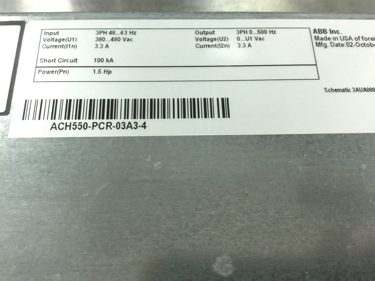 Used ABB ACH550-PCR-03A3-4 Variable Frequency Drive, Voltage: 380-480VAC Out: 0-500Hz