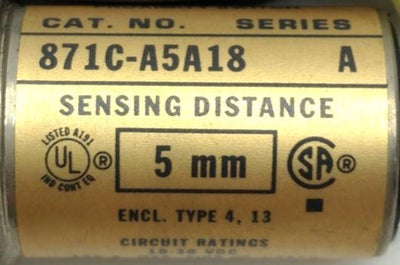 Used Allen-Bradley 871C-A5A18 Inductive Proximity Switch, ?18mm, 5mm Range, 10-30VDC