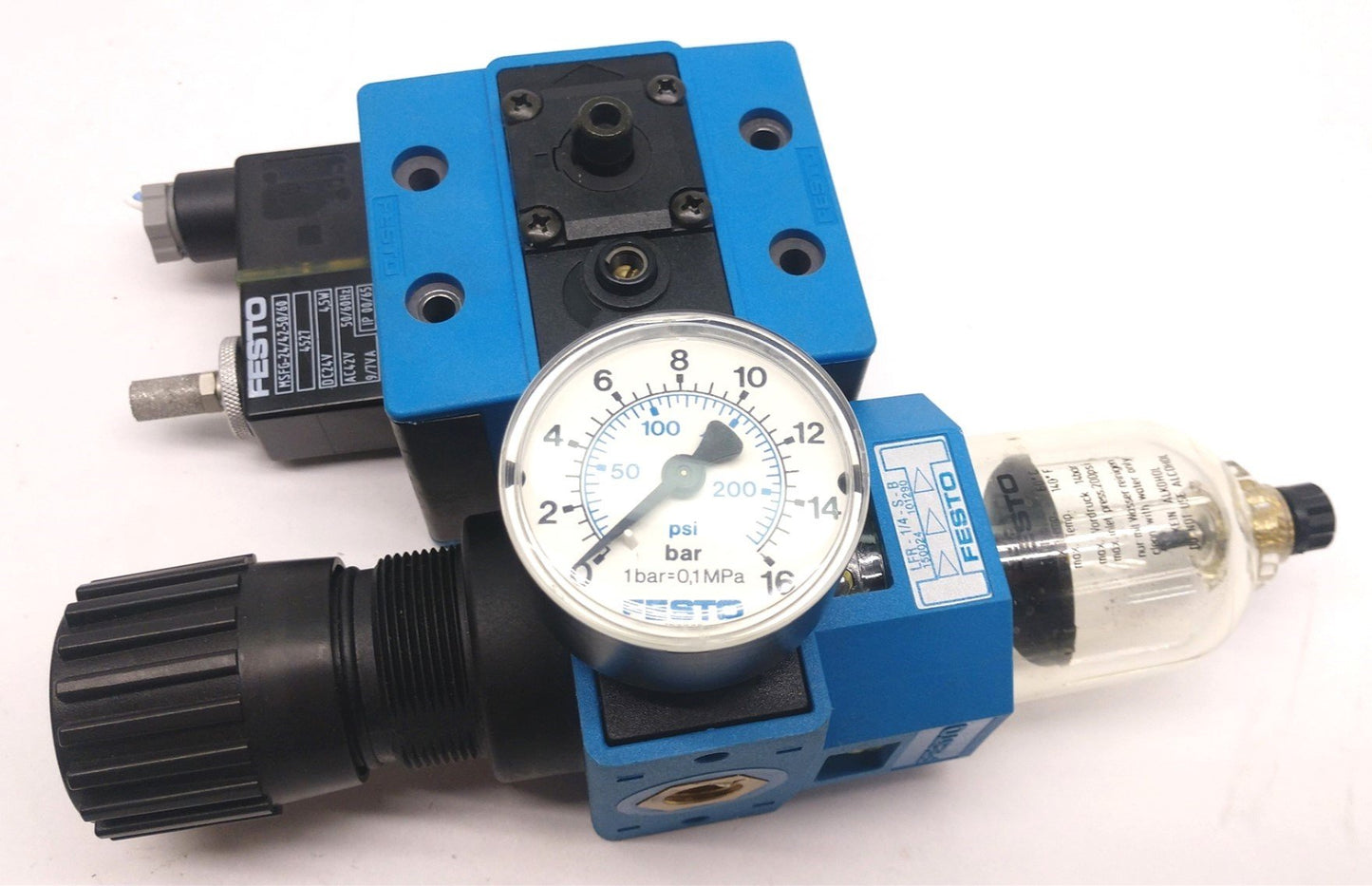 Used Festo 14329 MFHE-3-1/4 Solenoid Valve With LFR-1/4-S-B Filter Fittings: 1/4" NPT