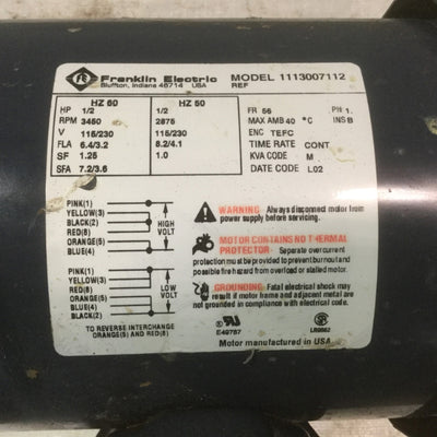 Used Finish Thompson 1113007112 Electric AC Pump Motor 1/2HP 3450RPM 50/60HZ 115/230V