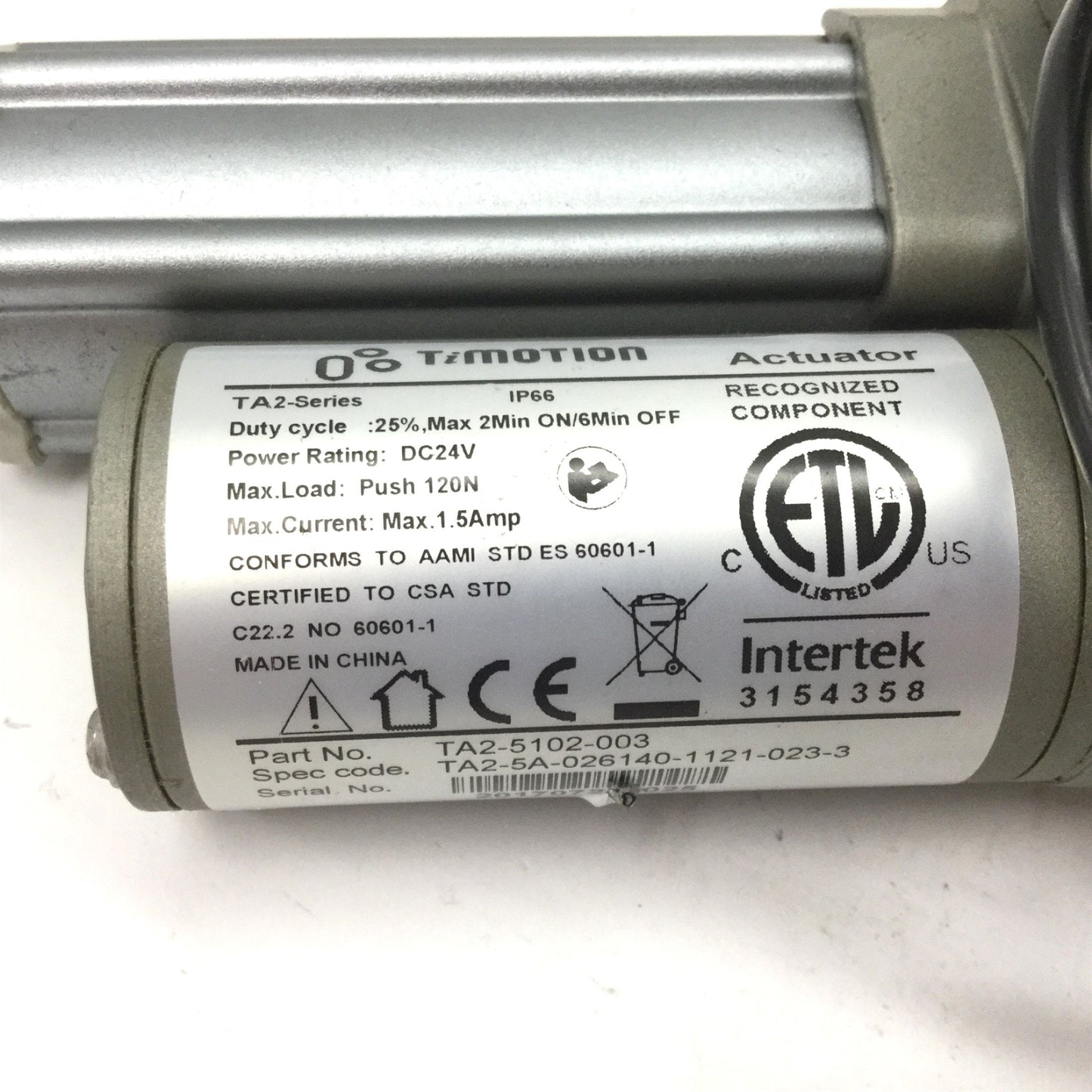 Used Timotion TA2-5A-026140-1121-023-3 Linear Actuator, Voltage: 24VDC, Stroke: 26mm