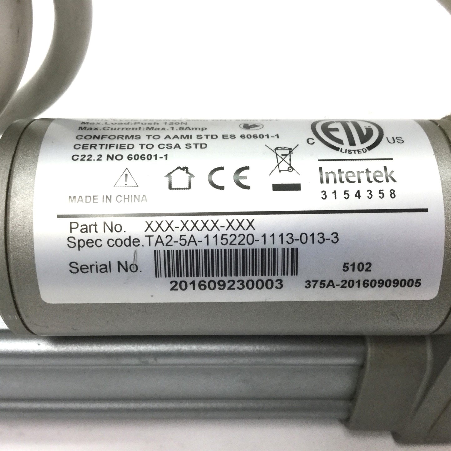 Used Timotion TA2-5A-115220-1113-013-3 Linear Actuator, Voltage: 24VDC, Stroke: 115mm