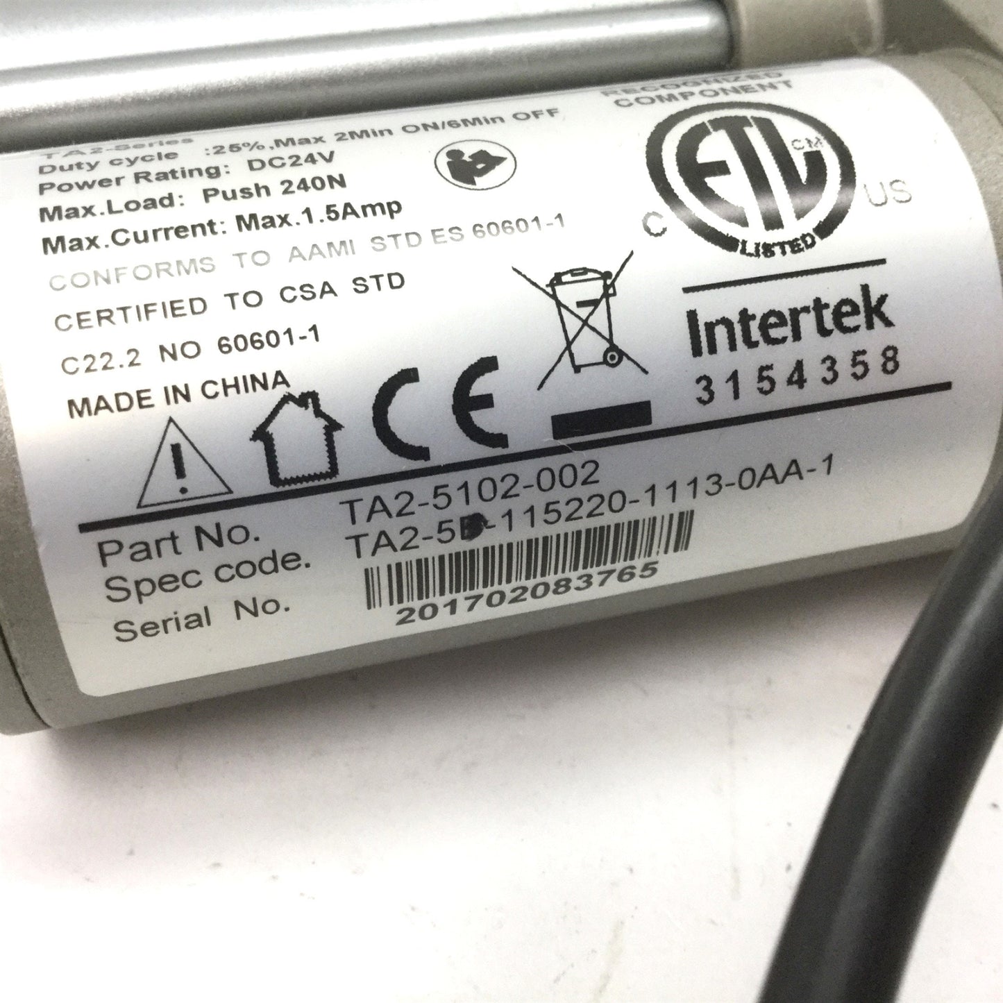 Used Timotion TA2-5B-115220-1113-0AA-1 Linear Actuator, Voltage: 24VDC, Stroke: 115mm