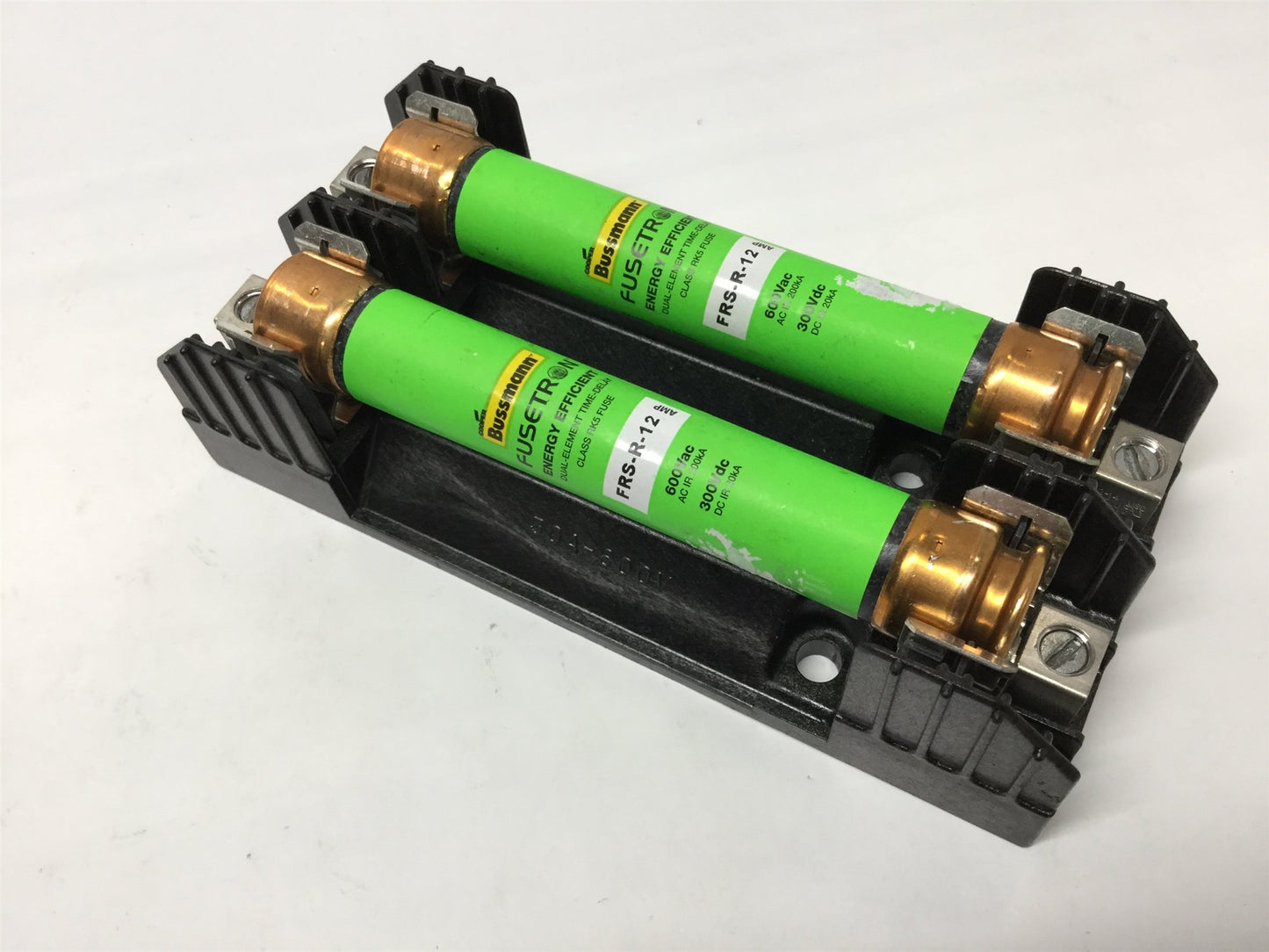 Used Bussmann R60030-2CR Fuse Holder Block 2-Pole 30A 600V 2x FRS-R-12 Time Delay 12A