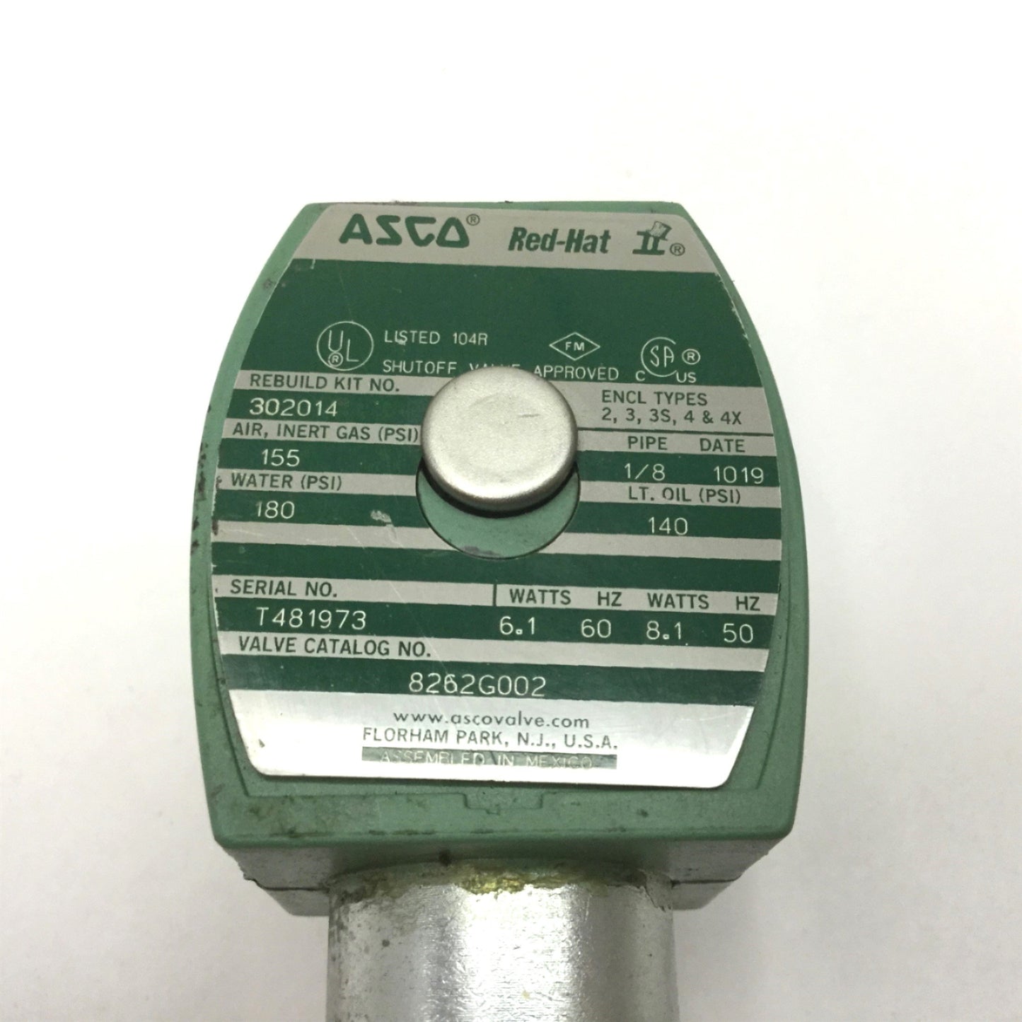 Used Asco 8262G002 Electric Solenoid Valve, Use with Air Inert Gas Water and Lt. Oil