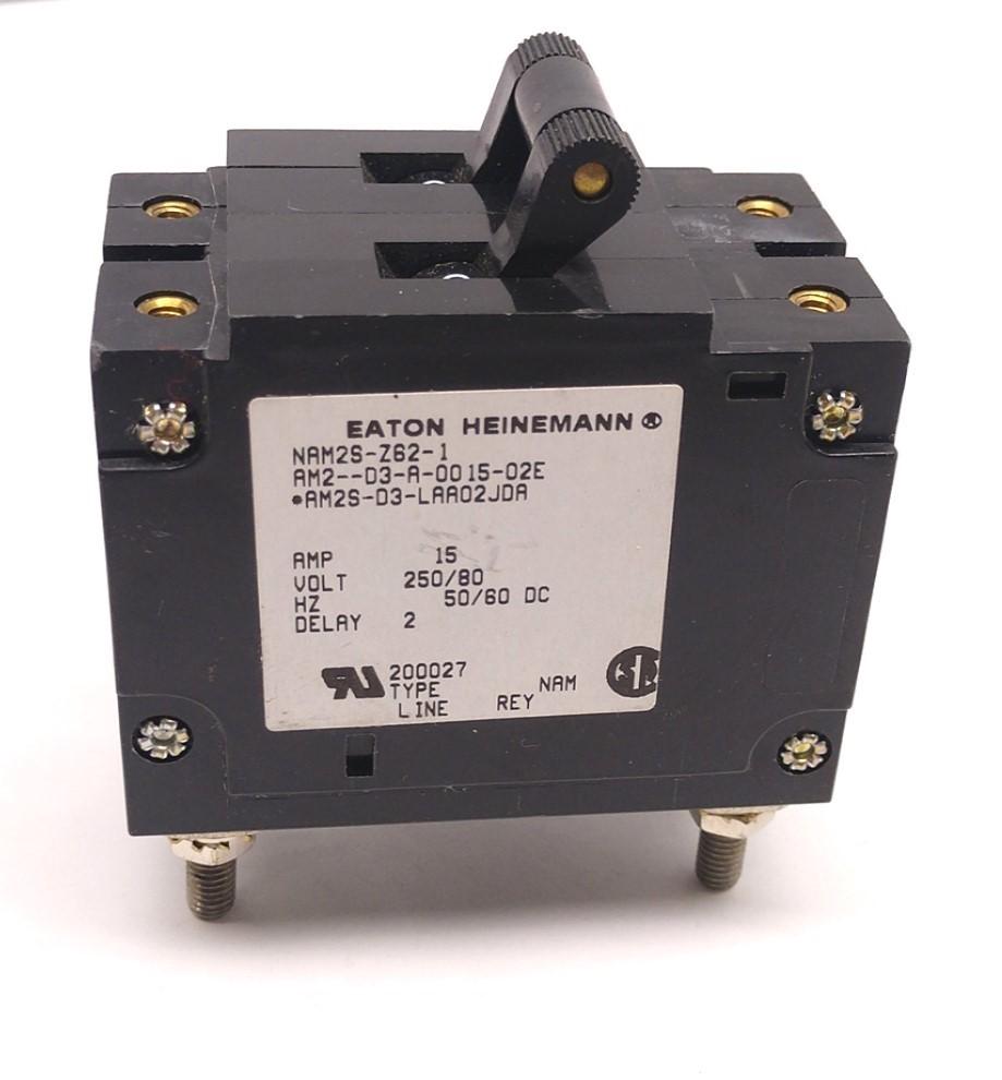 Used Eaton Heinemann AM2-D3-A-0015-02E NAM2S-Z62-1 Circuit Breaker, 250/80V, 50/60 Hz