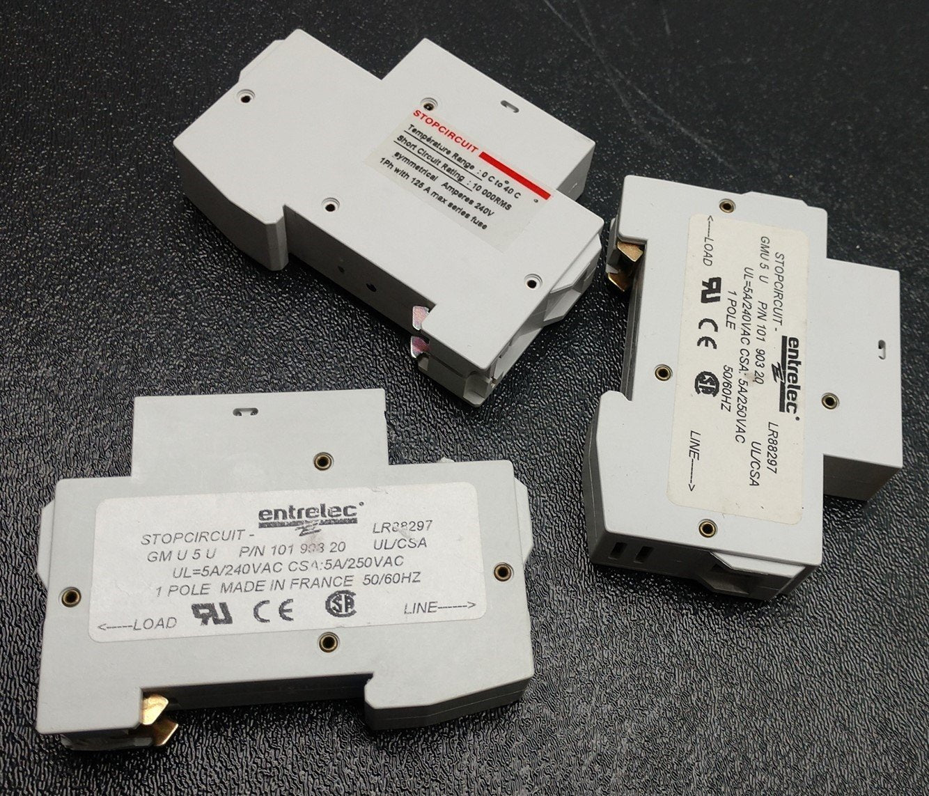 Used Lot of 3 Entrelec LR88297 1-Pole Circuit Breaker, UL 5A-240VAC, CSA 5A-250VAC