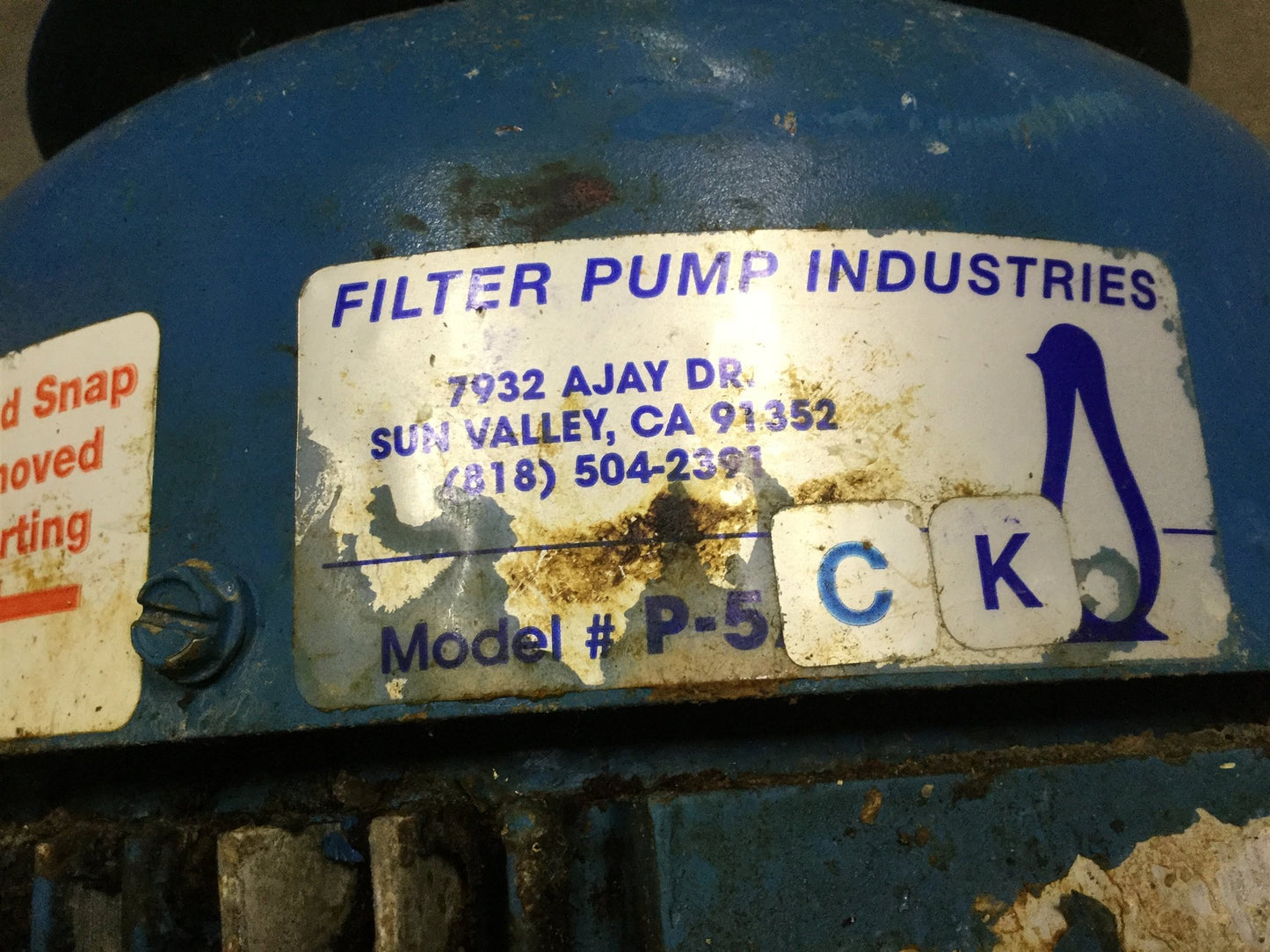 Used Penguin P-5CK Vertical Pump & Motor, 208-230/460VAC, 5HP, 122' Head, 172GPM