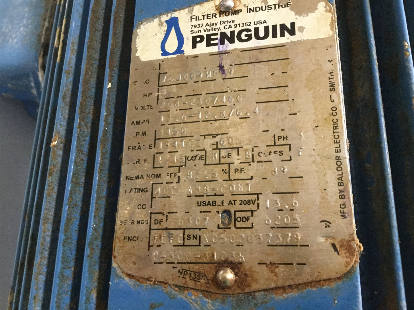 Used Penguin P-5CK Vertical Pump & Motor, 208-230/460VAC, 5HP, 122' Head, 172GPM
