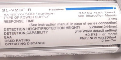 Used Keyence SL-V23F-R Light Curtain Receiver, 24VDC, Response Time: 9.7ms