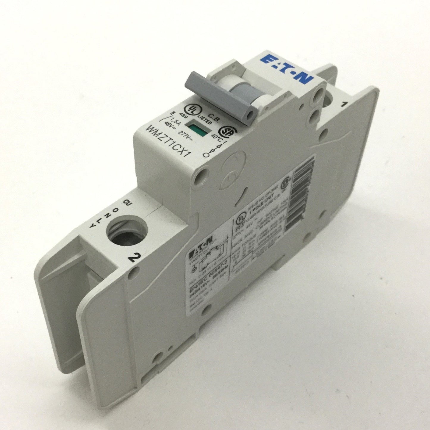 Used Eaton WMZT1CX1 Circuit Breaker, 1-Pole, Rating: 1.5A 48VDC 277VAC, DIN Rail