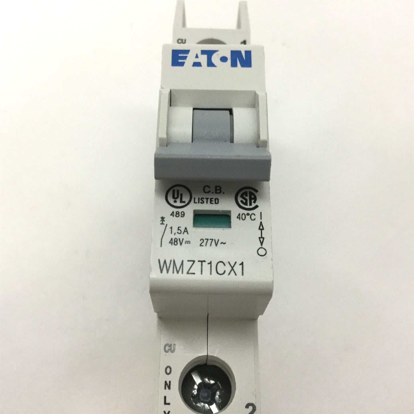 Used Eaton WMZT1CX1 Circuit Breaker, 1-Pole, Rating: 1.5A 48VDC 277VAC, DIN Rail