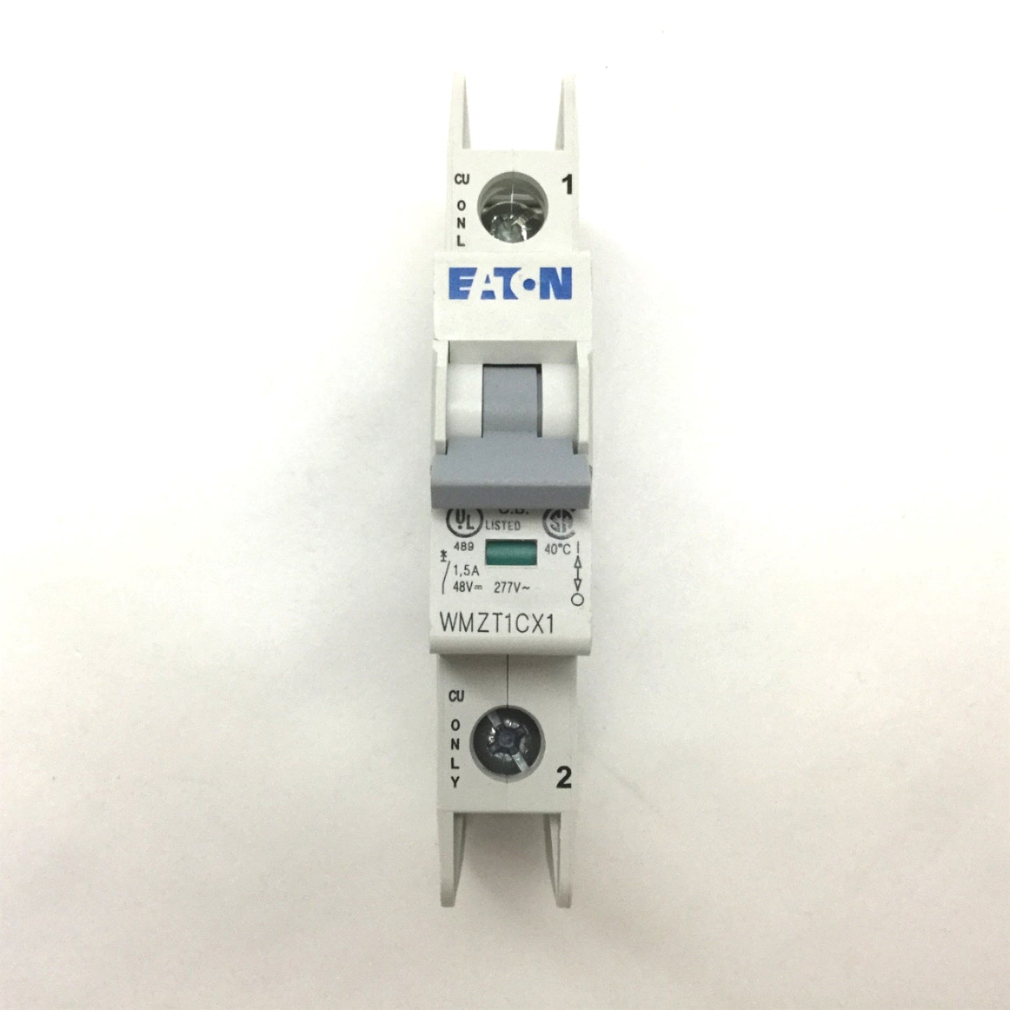 Used Eaton WMZT1CX1 Circuit Breaker, 1-Pole, Rating: 1.5A 48VDC 277VAC, DIN Rail