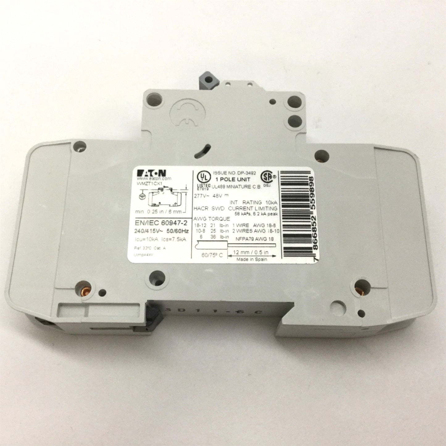 Used Eaton WMZT1CX1 Circuit Breaker, 1-Pole, Rating: 1.5A 48VDC 277VAC, DIN Rail