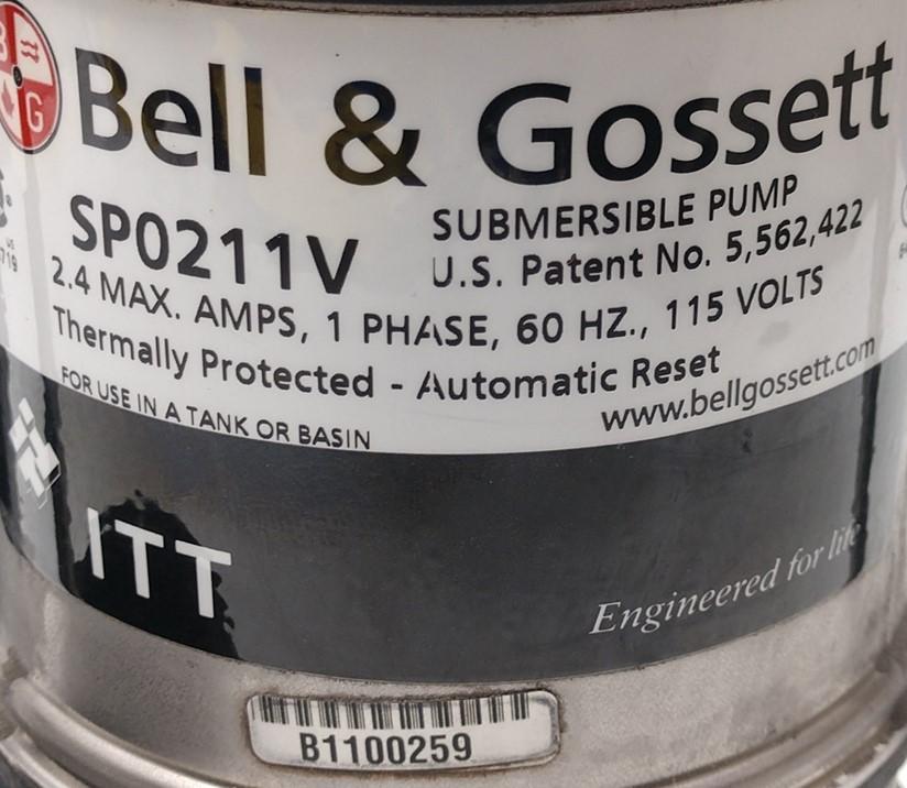 Used Bell & Gossett SP0211V Submersible Pump, 1/4HP, 2.4A Max, 1 Phase, 115V, 60Hz
