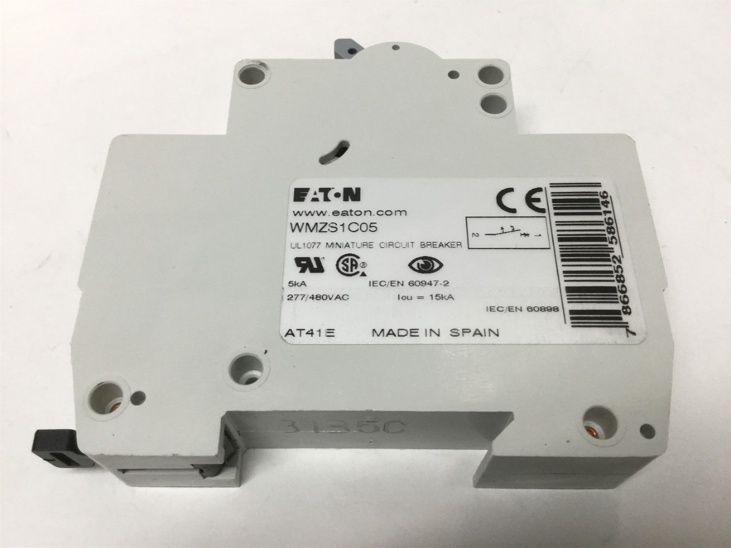 Used Eaton WMZS1C05 Thermal Magnetic Circuit Breaker, C-Curve 1-Pole, 5A, 277/480VAC