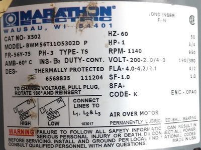 Used Marathon X502 Condenser Fan, 3PH, 1HP, Max Volt: 200-230/460 Frequency: 60/50Hz