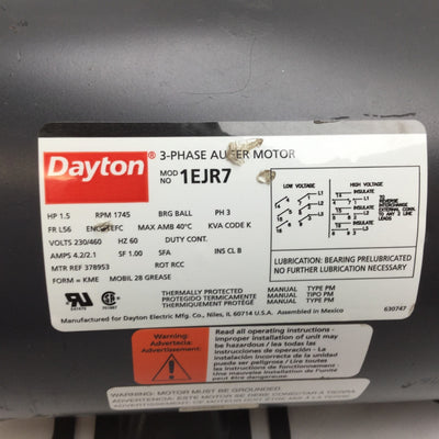Used Dayton 1EJR7 3-Phase Auger AC Motor, Voltage: 230/460V, Frame: L56, Power: 1.5HP