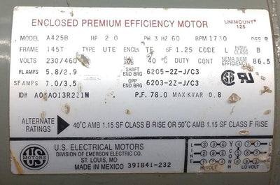 Used US Electrical Motors A425B Enclosed Premium Efficiency Motor FR-145T 230/460V