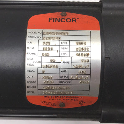 Used Fincor 9207509TFB DC Motor, Frame: 56C, Power: 3/4HP, Shaft: 5/8", 90VDC