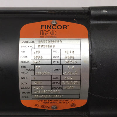 Used Fincor 9207509TFB DC Motor, 90VDC, Frame: 56C, Power: 3/4HP, Shaft: 5/8"