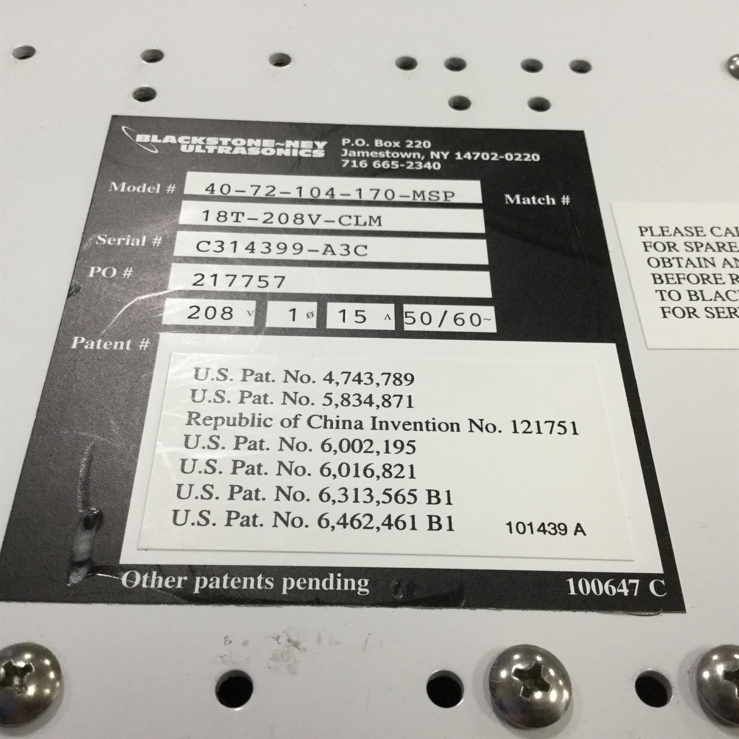 Used Blackstone-NEY 40-72-104-170-MSP-18T-208V-CLM Multisonik Ultrasonic Generator