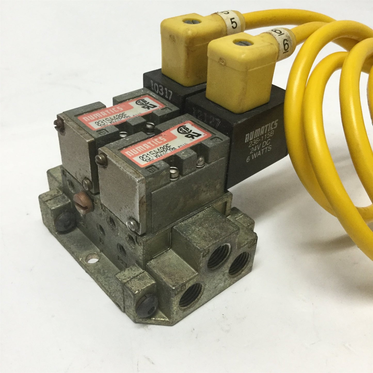 Used Numatics 031SA400E Solenoid Air Valves (x2) on Base 1/8 NPT, 150psi, 24VDC Coil