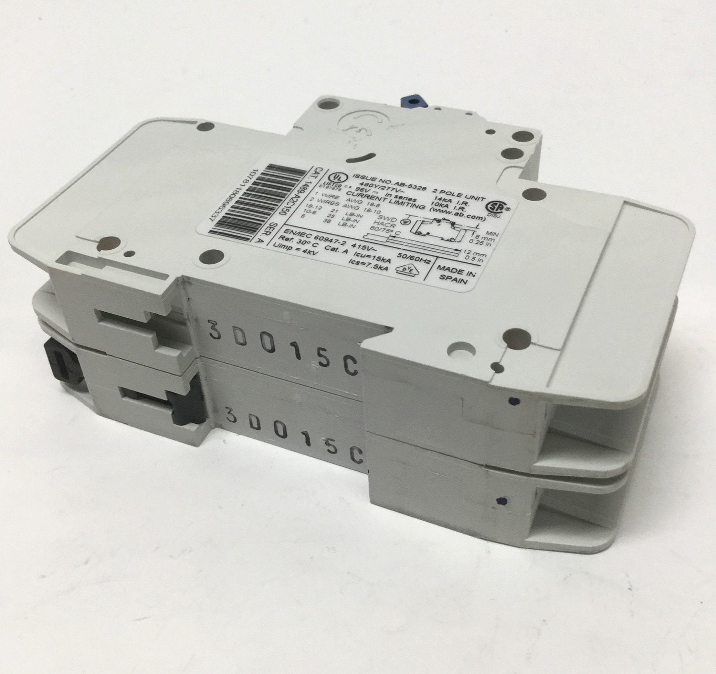 Used Allen-Bradley 1489-A2C150 Circuit Breaker, 15A, 2-Pole, 480Y/277VAC, 48VDC