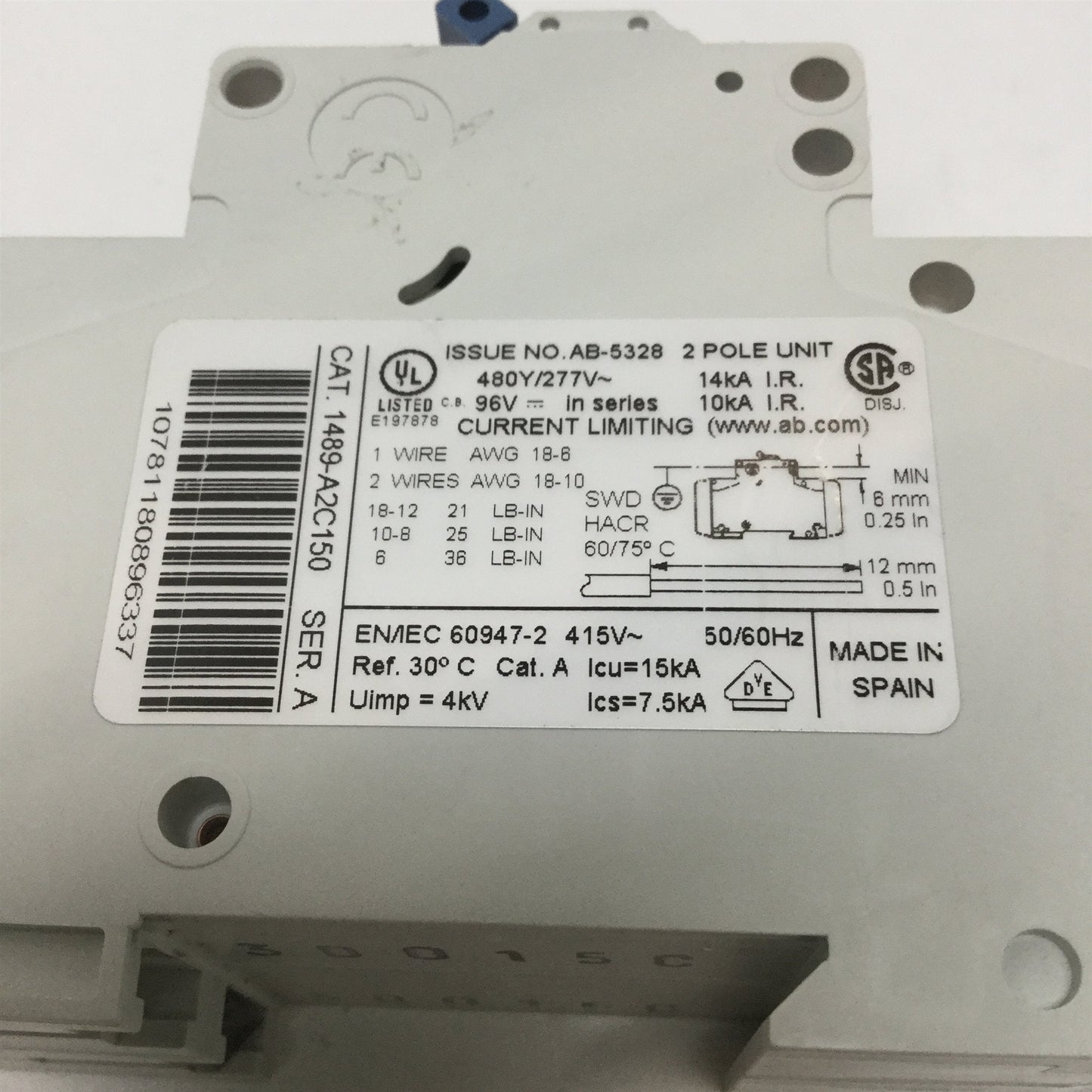 Used Allen-Bradley 1489-A2C150 Circuit Breaker, 15A, 2-Pole, 480Y/277VAC, 48VDC