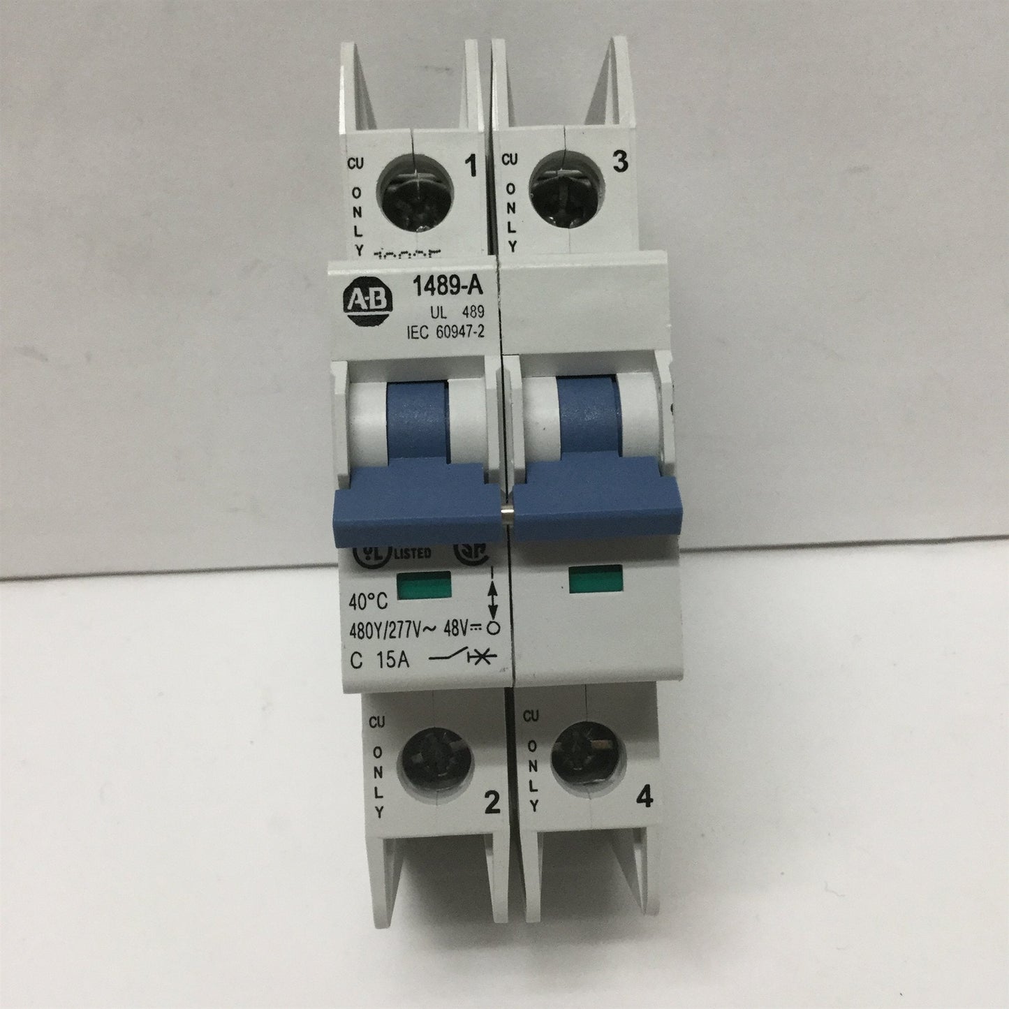 Used Allen-Bradley 1489-A2C150 Circuit Breaker, 15A, 2-Pole, 480Y/277VAC, 48VDC