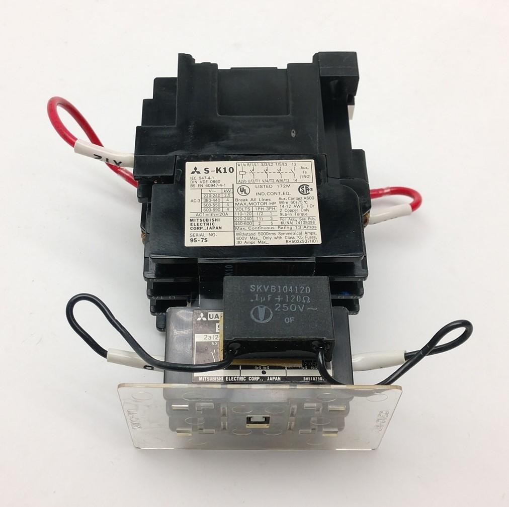 Used Mitsubishi S-K10 Contactor, 3-Pole with N/O Aux, W/ UA-AX2 Auxiliary Block